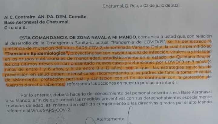Alerta Zona Naval XI por presencia de variante Delta del COVID en Quintana Roo