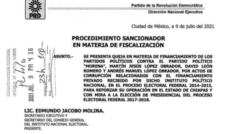 Presenta PRD queja ante el INE contra Morena y AMLO por financiamiento ilícito