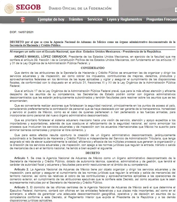 Se publica en el DOF decreto que crea la Agencia Nacional de Aduanas de México