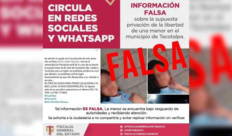 Alerta FGE por publicación falsa sobre presunto secuestro de una menor en Tacotalpa