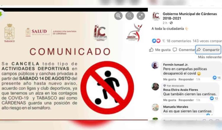 Restringe Cárdenas actividades deportivas… ante incremento de casos COVID