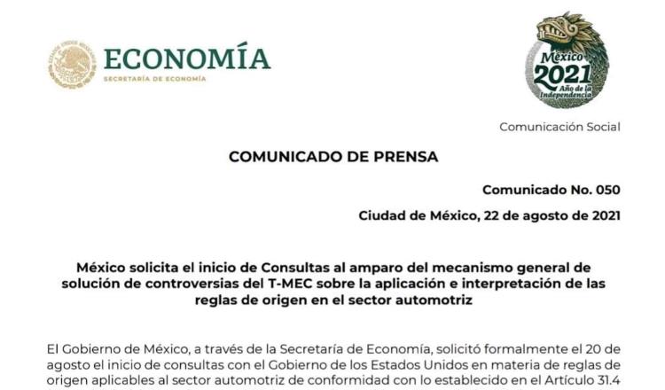 Pide México iniciar consultas para solución de controversias del T-MEC del sector automotriz