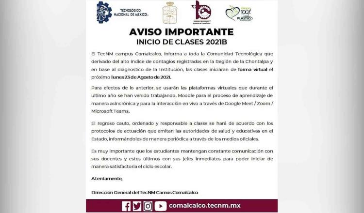 Inicio de clases en Tec de Comalcalco será de manera virtual ante repunte de contagios