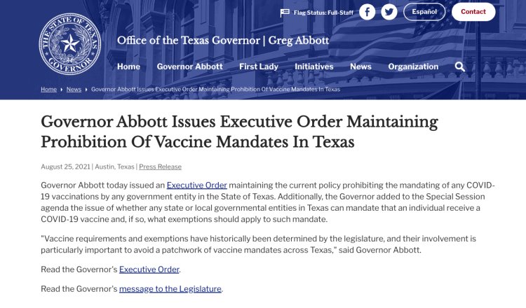 Emite gobernador de Texas orden ejecutiva para que no sea obligatorio vacunarse contra el COVID-19