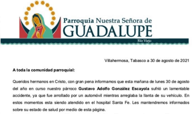 Reportan delicado al padre Gustavo González Escayola tras ser arrollado por un auto