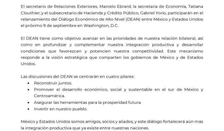 Reactivan México y EE. UU. Diálogo Económico de Alto Nivel; participarán SRE, SE y SHCP