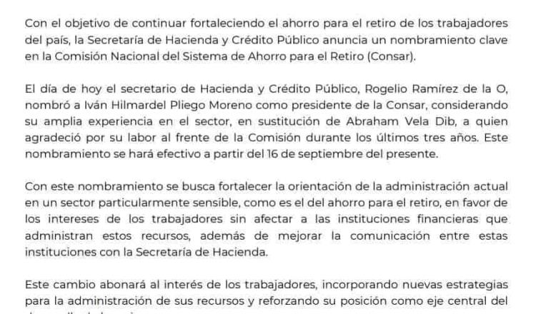 Nombra Hacienda a Iván Pliego Moreno como nuevo presidente de la Consar