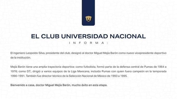 Pumas confirma el regreso de Miguel Mejía Barón a la Directiva