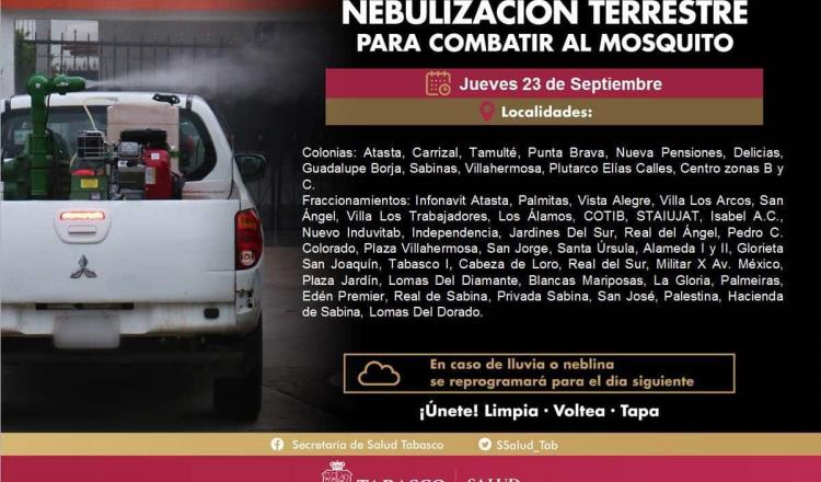 Continúa nebulización terrestre este jueves en Centro