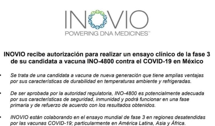 Autoriza Cofepris fase 3 para vacuna desarrollada por INOVIO contra COVID-19