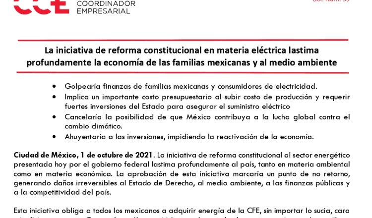 Reforma en materia eléctrica lastima la economía de las familias mexicanas y el medio ambiente: CCE