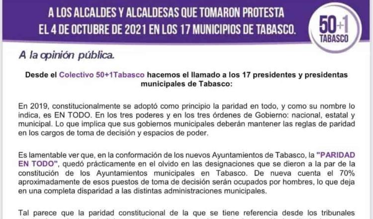 Lamenta colectivo 50+1 en Tabasco, que ediles entrantes no hayan cumplido con la paridad en direcciones administrativas