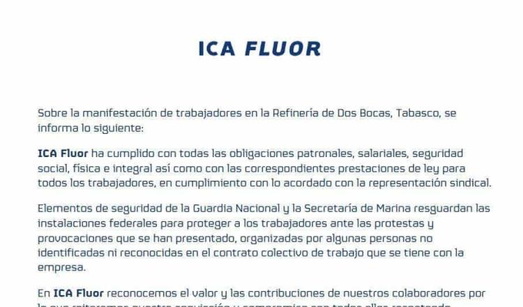 Asegura ICA Fluor que ha cumplido con obligaciones patronales