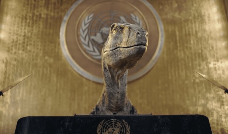 Dinosaurio advierte desde la ONU que la humanidad se dirige a su propia extinción