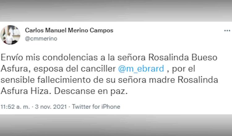 Envían Carlos Merino y Adán Augusto condolencias por fallecimiento de suegra de Ebrard