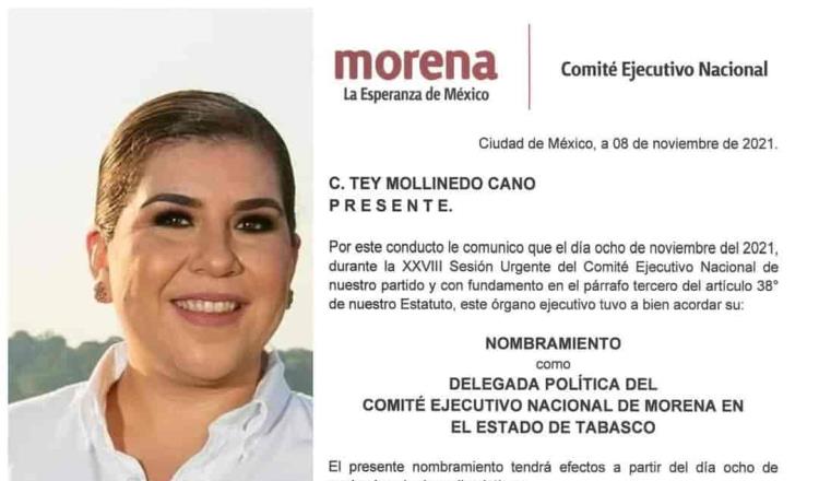 Designa CEN de Morena a Tey Mollinedo, como nueva delegada política nacional en Tabasco