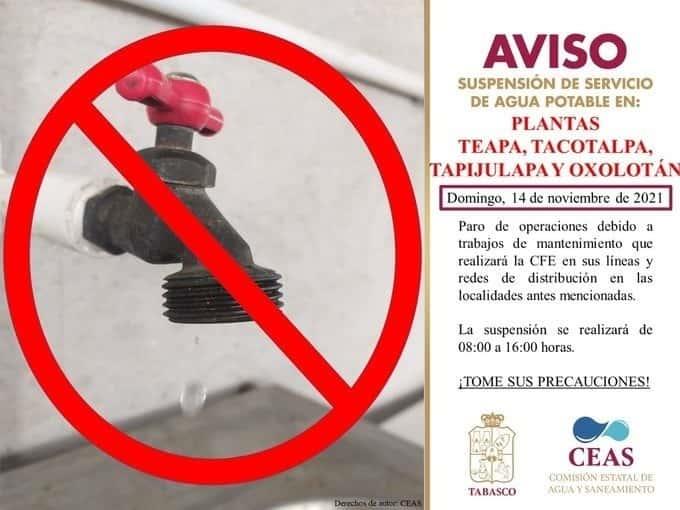 Anuncia CEAS suspensión del agua potable mañana domingo en Teapa y Tacotalpa