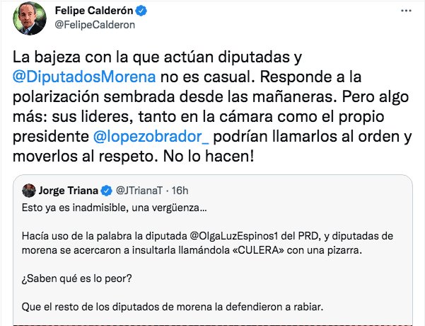 Califica Felipe Calderón como una “bajeza” actuar de diputados morenistas durante discusión del PEF 2022