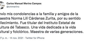 Envía gobernador Merino condolencias a familia de Norma Cárdenas