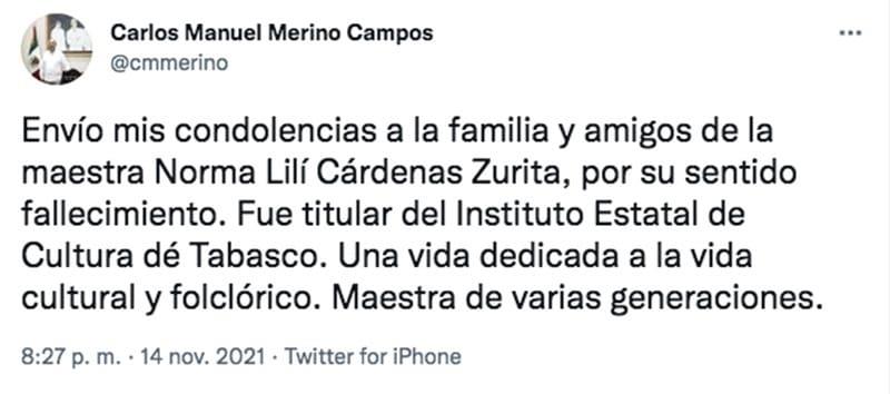 Envía gobernador Merino condolencias a familia de Norma Cárdenas