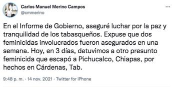 Detienen en Chiapas a presunto feminicida de Cárdenas, informa el gobernador de Tabasco