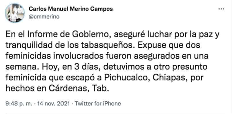 Detienen en Chiapas a presunto feminicida de Cárdenas, informa el gobernador de Tabasco