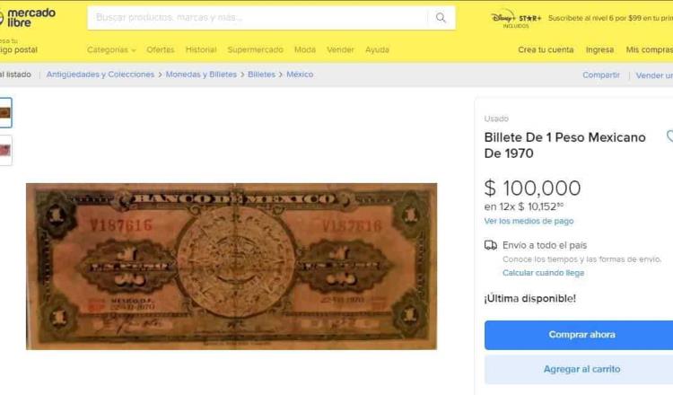 Billete fabricado en 1970 de un peso se vende hasta en 100 mil pesos