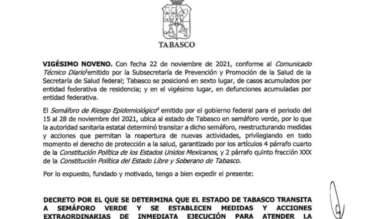 Oficializa gobierno que Tabasco “transita” a semáforo epidemiológico verde