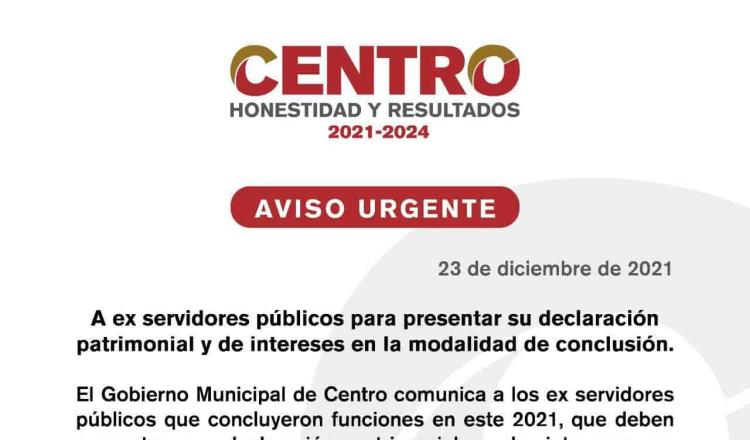 Pide Ayuntamiento de Centro a ex servidores públicos presentar declaración patrimonial