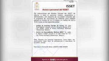 Amplía ISSET fechas para aplicación de vacuna de refuerzo a médicos, paramédicos y administrativos