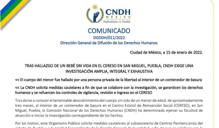 Investiga CNDH hallazgo de bebé sin vida en contenedor de basura en penal de Puebla
