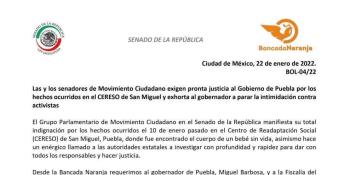 Senadores de MC exigen al Gobierno de Puebla justicia pronta en caso de bebé muerto hallado en penal