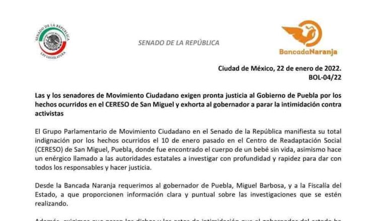 Senadores de MC exigen al Gobierno de Puebla justicia pronta en caso de bebé muerto hallado en penal