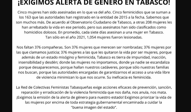 Colectivos de Mujeres de Tabasco exigen justicia por recientes asesinatos