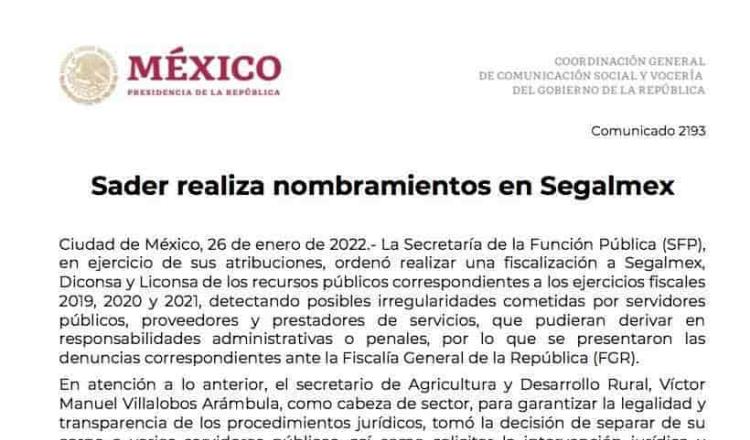 Separa Segalmex a funcionarios involucrados en irregularidades