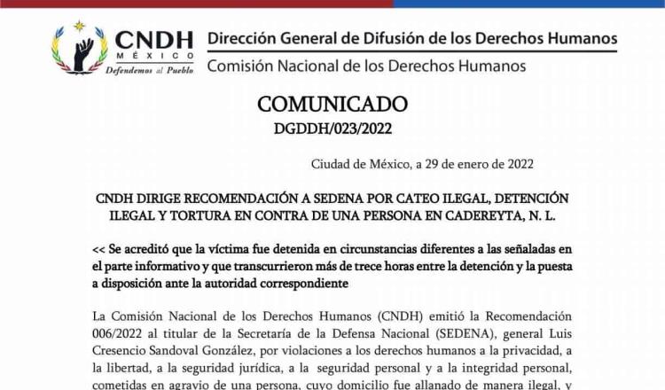 Emite CNDH recomendación a Sedena por caso de persona detenida de manera arbitraria en 2011 en NL