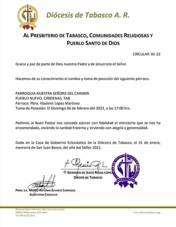 Diócesis de Tabasco nombra nuevo párroco en Pueblo Nuevo, Cárdenas
