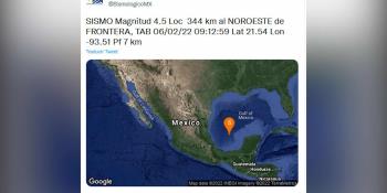 Se registra sismo de 4.5 al noreste de Frontera; no se reportan daños