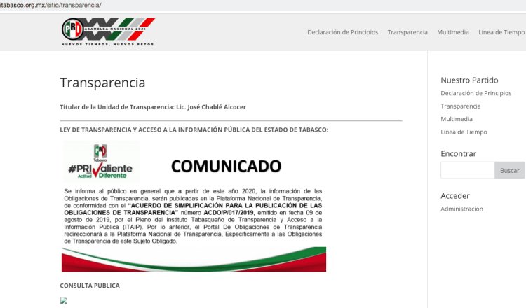 “Presume” PRI Tabasco estar en el top ten de transparencia… pero su portal no está actualizado