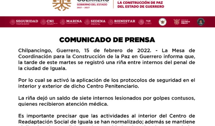 Riña en penal de Iguala, Guerrero, deja 7 internos lesionados
