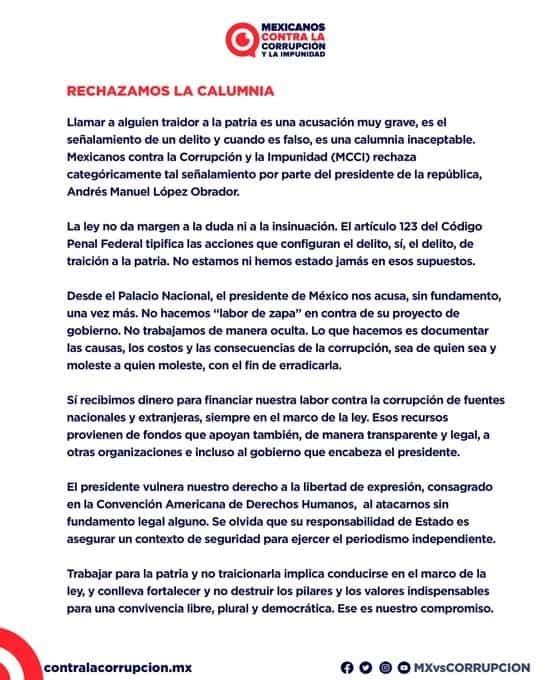 Rechaza Mexicanos Contra la Corrupción cometer traición a la patria como acusa López Obrador