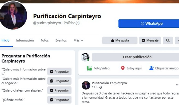 Hackean Facebook de la excandidata capitalina Purificación Carpinteyro