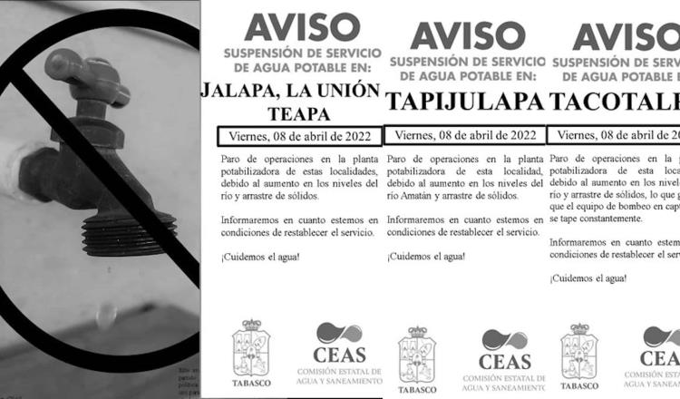 Suspenden servicios en potabilizadoras de  Jalapa, Teapa y Tacotalpa