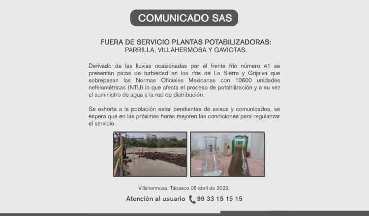 Por turbiedad, suspenden servicio de potabilizadoras Parrilla, Villahermosa y Gaviotas