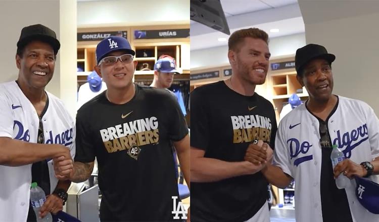 Denzel Washington visita a los Dodgers, se encuentra con el mexicano Julio Urías