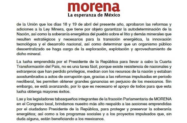 Fracción parlamentaria de Morena en Tabasco da respaldo a la ‘Ley Minera’ 