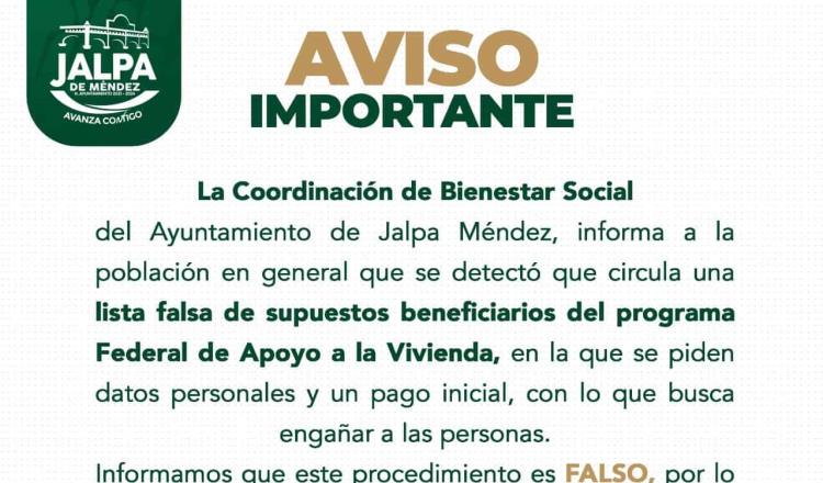 Alerta Ayuntamiento de Jalpa sobre lista de presuntos beneficiarios de programa social