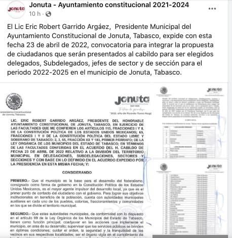 Emiten convocatoria para designación de delegados, jefes de sector y sección en Jonuta