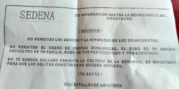 A través de volantes, Sedena pide a la población de Comalcalco denunciar el cobro de cuotas, robos o secuestro