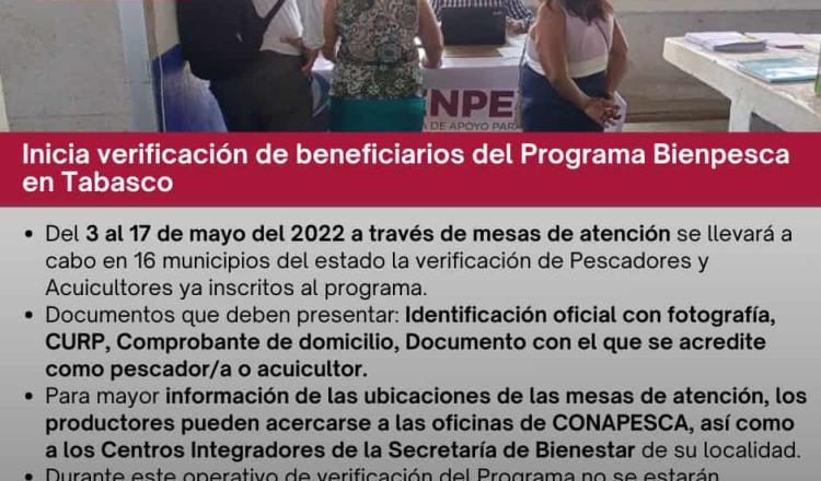 Arranca en Tabasco verificación de más de 14 mil beneficiarios del programa Bienpesca